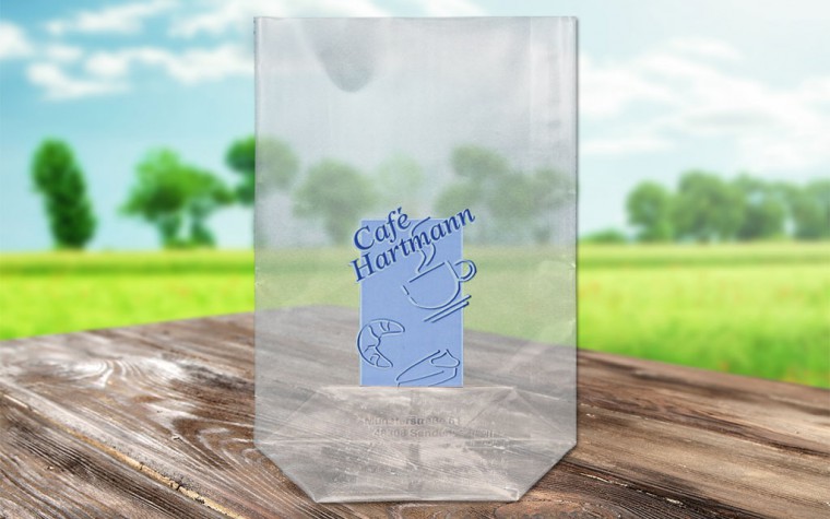 Abbildung: Cellophan-Bodenbeutel mit Werbedruck, transparent - 115x190 mm