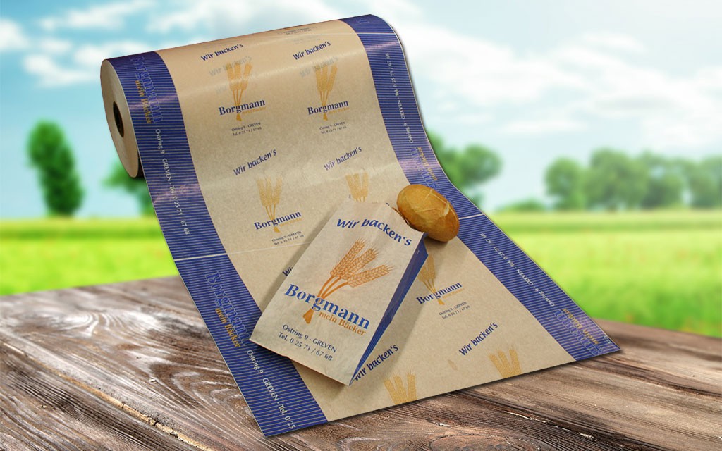 Bäcker-Einschlagpapier mit Firmendruck braun 50 cm breit