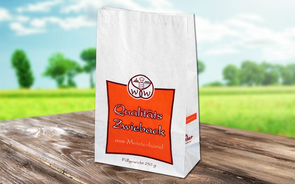 Zwieback-Blockbodenbeutel mit Firmendruck - 17+8x27 cm