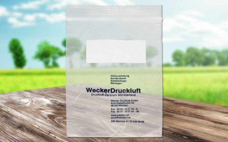 bedruckte Druckverschlussbeutel mit Stempelfeld, LDPE-Folie - 150x225 mm