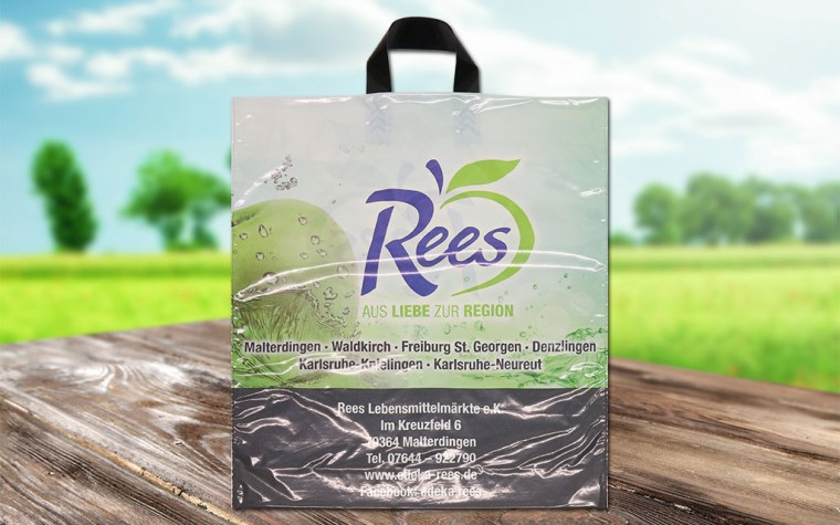 Abbildung: Schlaufentragetasche Saarbrücken Recyclingfolie 45x50+10+6cm Bodenfalte Umschlag 