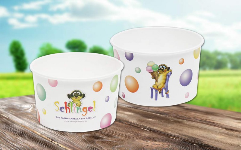 Eisbecher aus Pappe aus nachhaltiger Forstwirtschaft mit Firmendruck