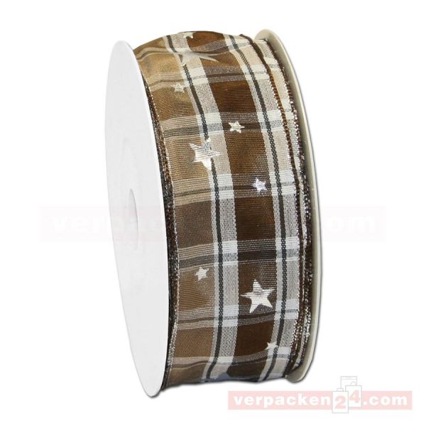 Drahtkantenband - Karos + Sterne, Rolle 40 mm - braun/silber
