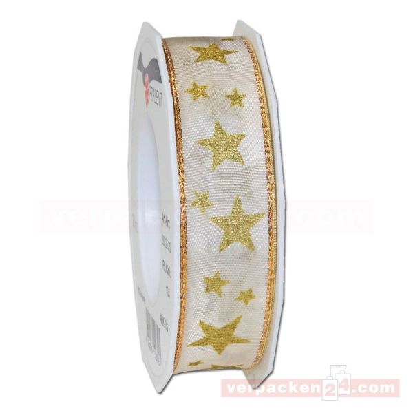 Schleifenband Weihnachten Arktis Rolle 20 m, 25 mm - weiß/gold