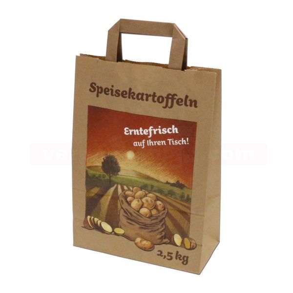 Papiertragetasche, Kartoffeln braun, Erntefrisch - 22+10x31cm - nassfest