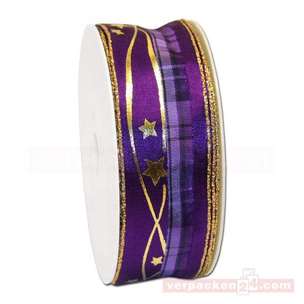 Drahtkantenband - Sterne + Streifen, Rolle 35 mm - lila/gold