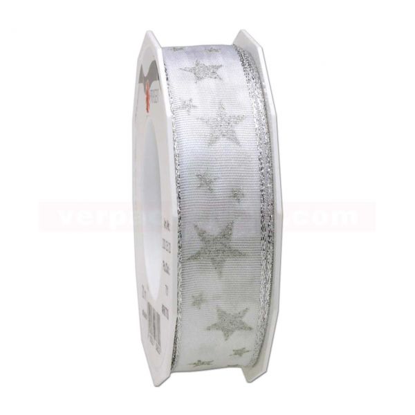 Schleifenband Weihnachten Arktis Rolle 20 m, 25 mm - weiß/silber