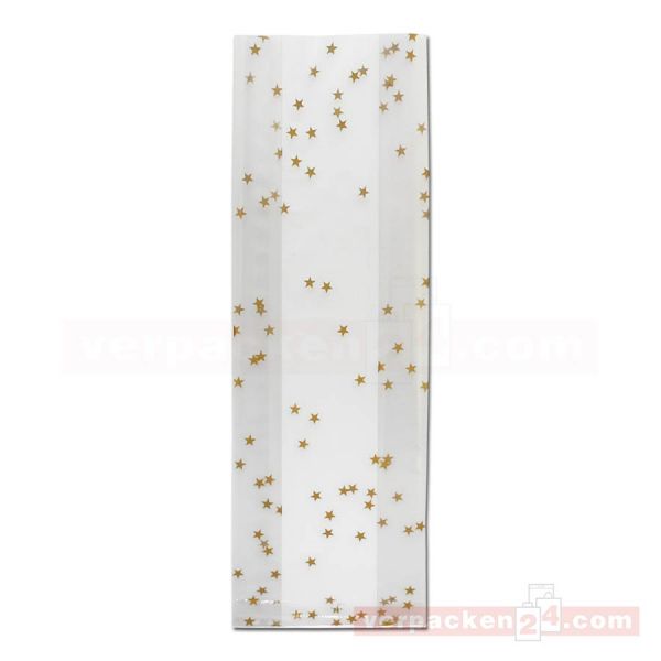 Weihnachts-PP-Seitenfaltenbeutel - Goldene Sterne - 100+60x300 mm