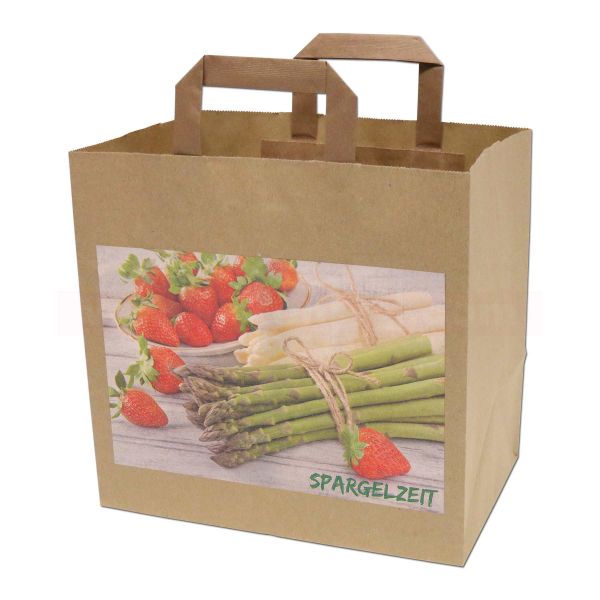 Papiertragetaschen braun, Spargelmotiv - 26+17x25cm - nassfest