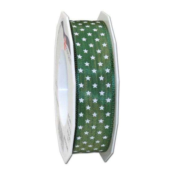 Drahtkantenband - mit Motiv Mini-Stars, Rolle 40 mm - moosgrün