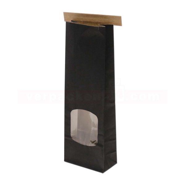 Papier-Blockbodenbeutel schwarz mit Fenster und Clip - PP beschichtet