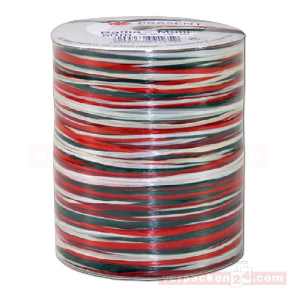 Bastband auf Spule - Raffia Multicolour 50 m - rot grün weiß (951)