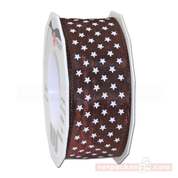Drahtkantenband - mit Motiv Mini-Stars, Rolle 40 mm - braun