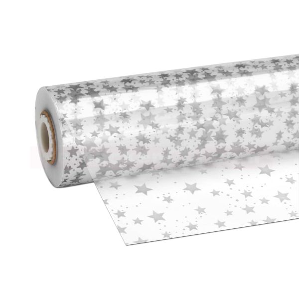 Geschenkfolie (PP) auf Rollen - 70 cm - 100 m - Sterne silber