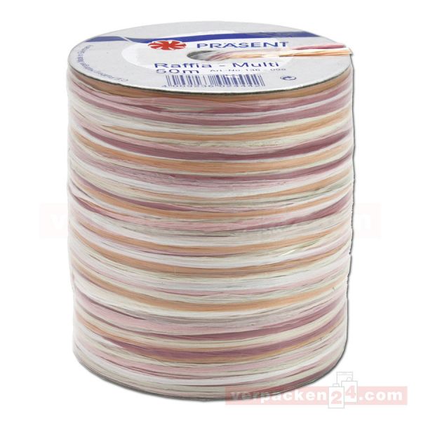 Bastband auf Spule - Raffia Multicolour 50 m - pink weiß (098)