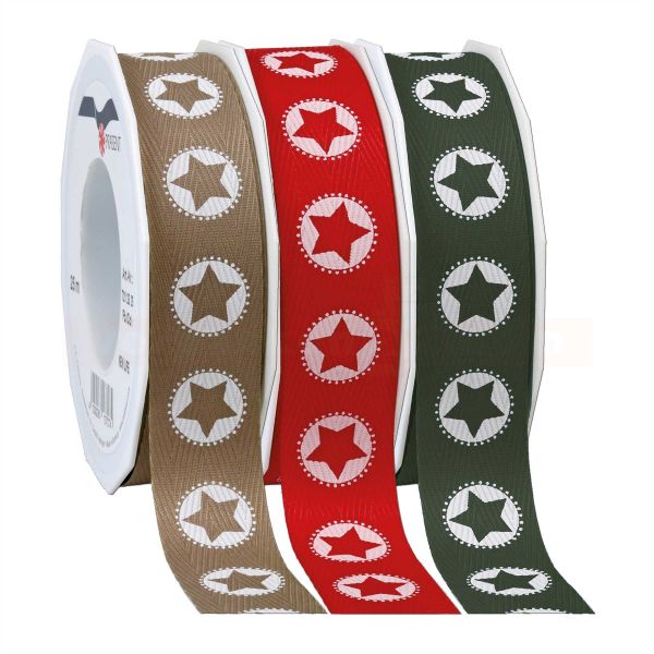 Geschenkband Weihnachten Recycling - New Life Star, Rolle 25 mm - Sterne