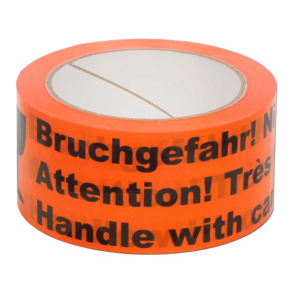 Packband PVC, orange - Bruchgefahr - Rolle 50 mm / 66 m