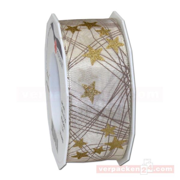 Seidenband mit Drahtkante - Stars - Rolle 40 mm - creme/gold