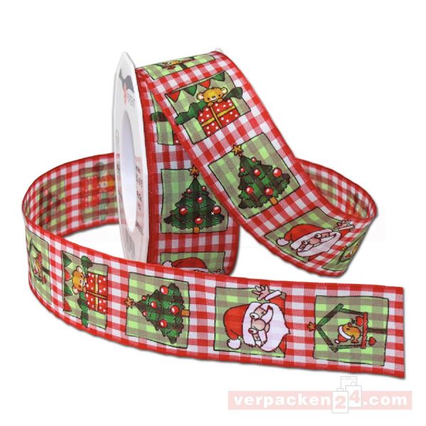 Drahtkantenband - mit Motiv Christmas World, Rolle 40 mm - rot