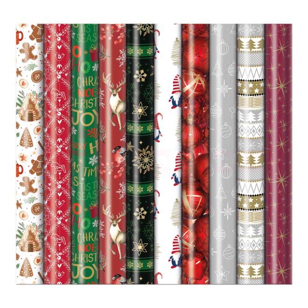 Weihnachts Geschenkpapier Röllchen 70 cm - Christmas - 10 Motive (VE: 60 Rollen)