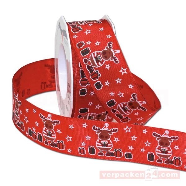 Drahtkantenband - mit Motiv Elch, Rolle 40 mm - rot