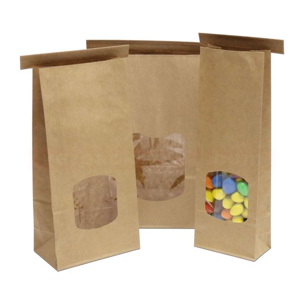 Papier-Blockbodenbeutel braun mit Fenster und Clip - PP beschichtet