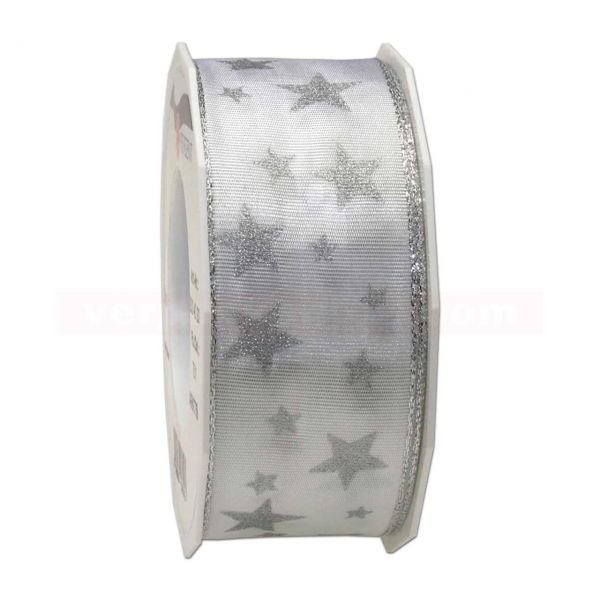 Schleifenband Weihnachten Arktis Rolle 20 m, 40 mm - weiß/silber
