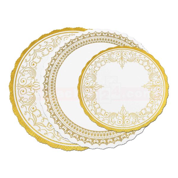 Tortenspitzen weiß, rund, Pergamyn - gold Ornamente