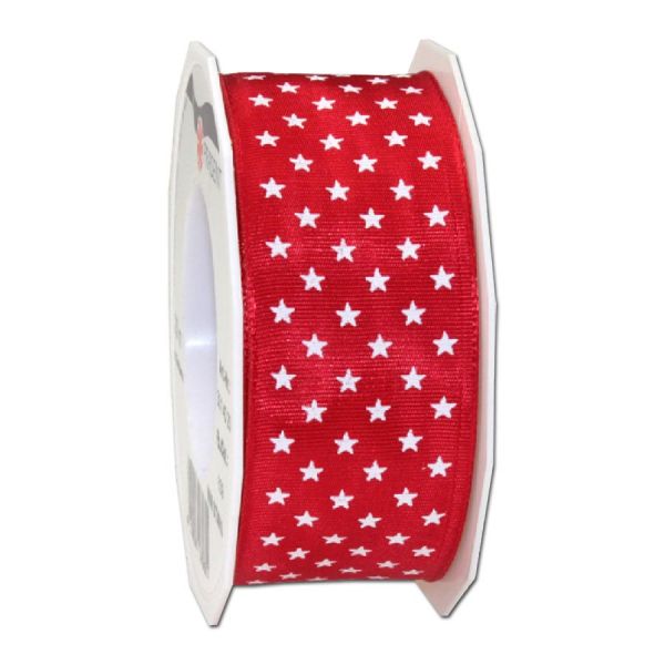 Drahtkantenband - mit Motiv Mini-Stars, Rolle 40 mm - rot