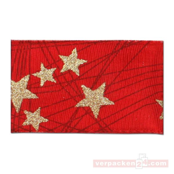 Seidenband mit Drahtkante - Stars - Rolle 40 mm - rot/gold