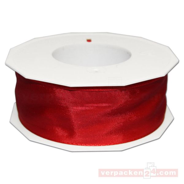 Seidenband - Lyon - mit Drahtkante, Rolle 25 m, 40 mm - rot