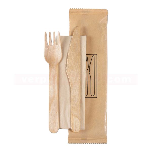 Besteckset - Holz 3 in 1 - Gabel, Messer + Serviette braun