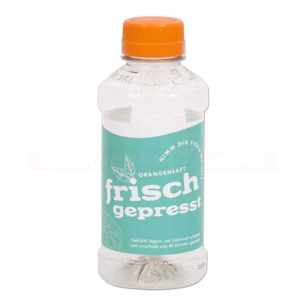 Saftflasche Pfand leer, rPET klar - mit Etikett und Tethered Caps