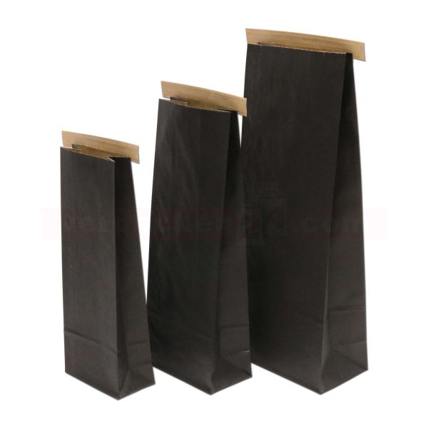 Papier-Blockbodenbeutel schwarz mit Clipband - PP-beschichtet